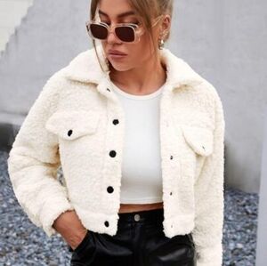 Shein Women/Juniors Cropped Jacket Faux Shearling Fur Size S  Ivory - Adorable